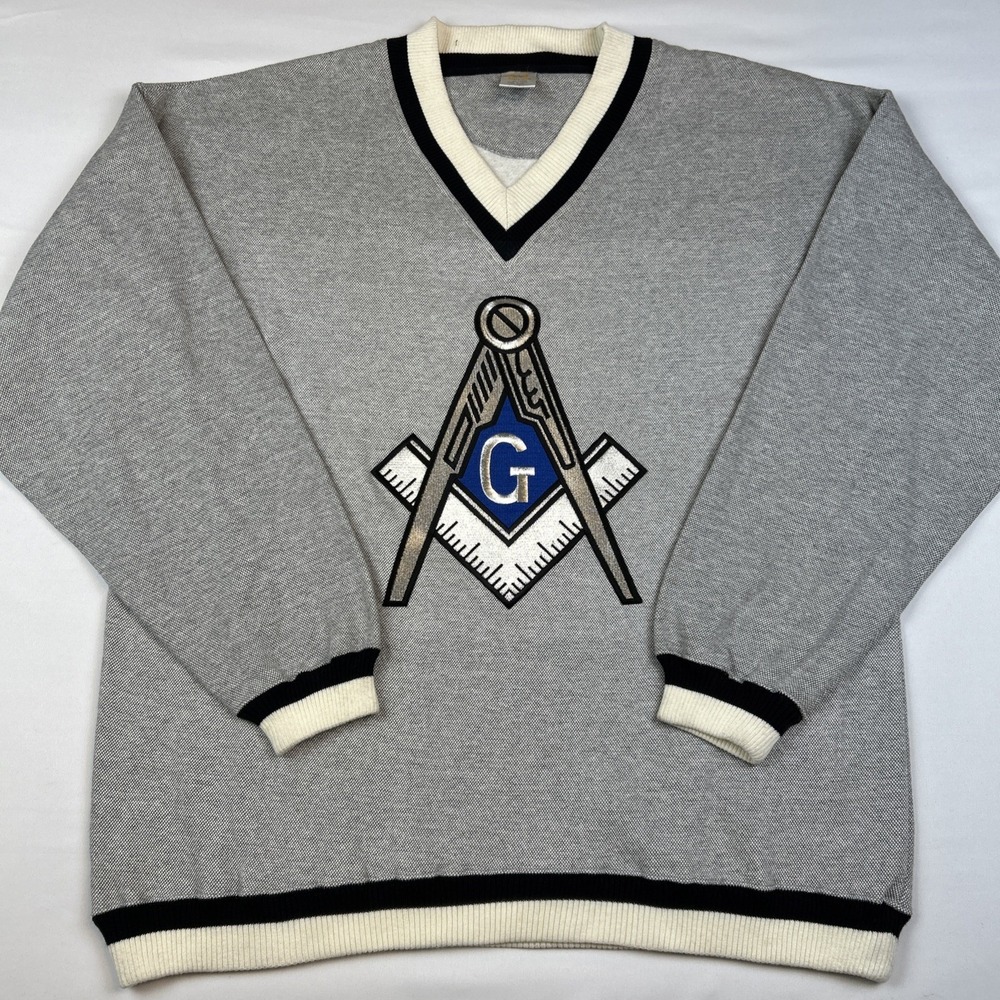 ABC Masonic Sweater Gray XXL Freemason Pullover G Compass Square Emblem V Neck